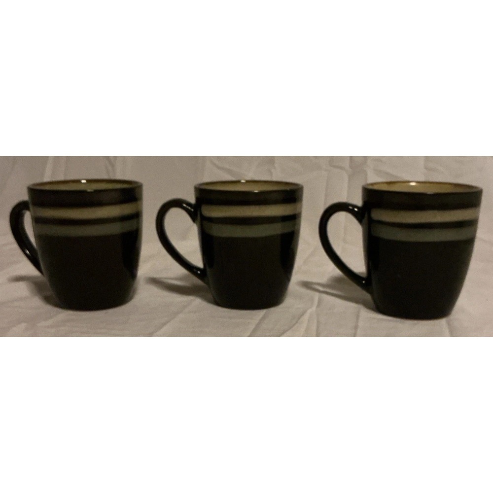 Set‎ of 3 Gibson Elite Lewisville Coffee Mugs Stoneware Teal Brown Cream 4"